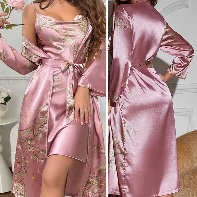 LunaSilk Floral Kimono and Spaghetti-Strap Nightgown Set | Lersk