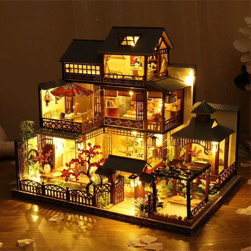 Large Realistic Wooden Dollhouse With LED Lights For The DIY Miniature Playhouse | Lersk
