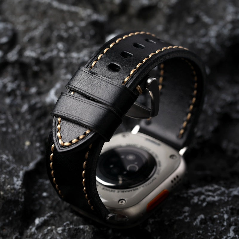 Schwarzes Lederarmband mit Naht | Lersk