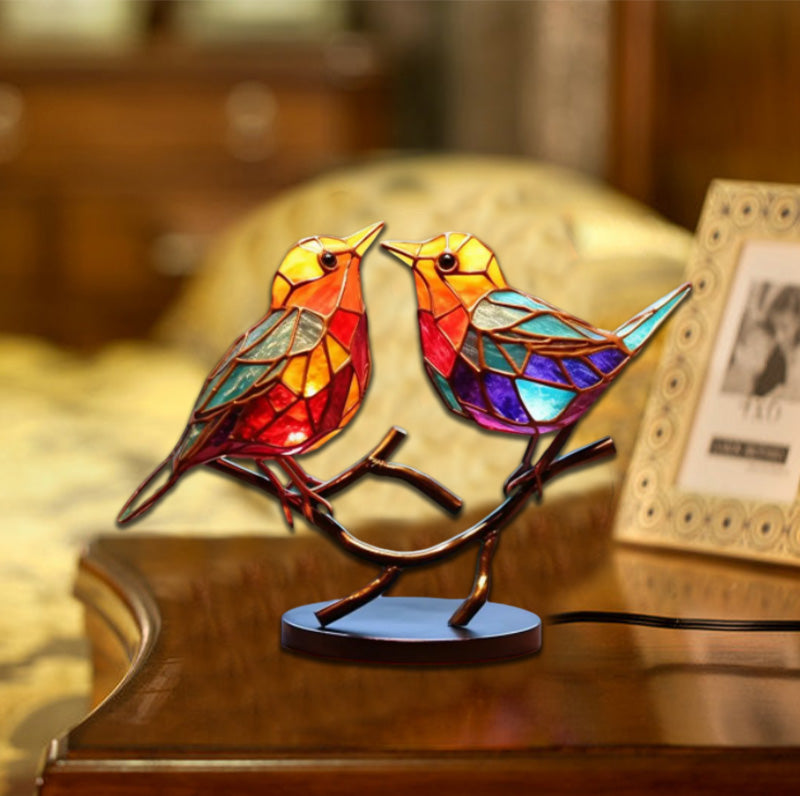 Stained Glass Birds On Branch Desktop Ornaments Set Of Tabletop Bird Decor Display | Lersk