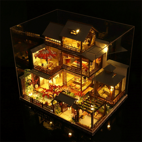 Large Realistic Wooden Dollhouse With LED Lights For The DIY Miniature Playhouse | Lersk