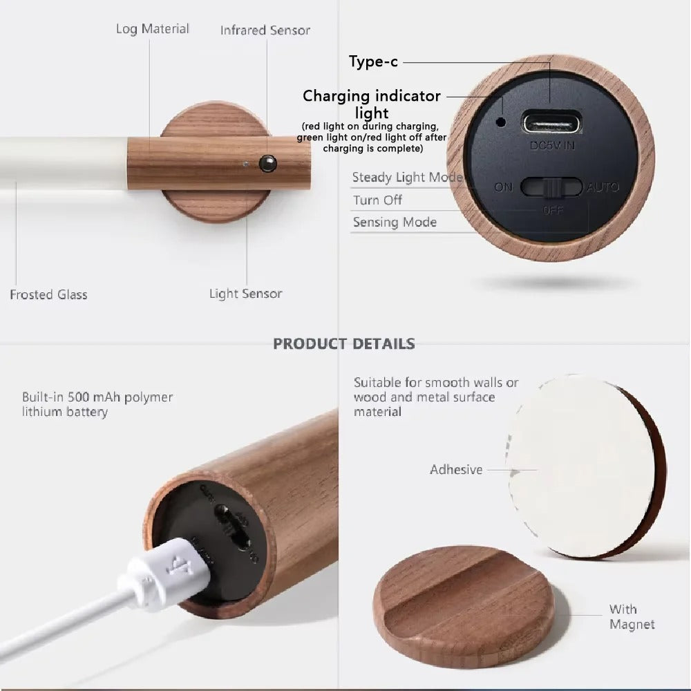 Dobíjecí LED nástěnná lampa USB s magnetickým pohybovým senzorem pro ložnici a domov | Lersk