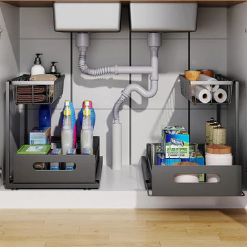 Two Tier Slide Out Under Sink Organizer For Under Sink Cabinet Organization Storage | Lersk