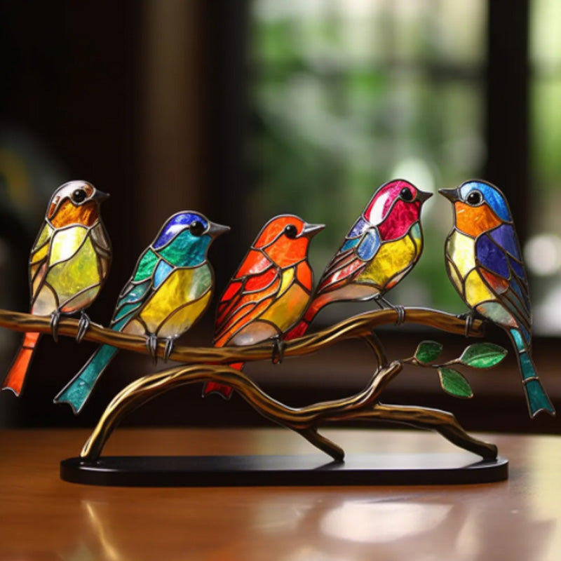 Stained Glass Birds On Branch Desktop Ornaments Set Of Tabletop Bird Decor Display | Lersk