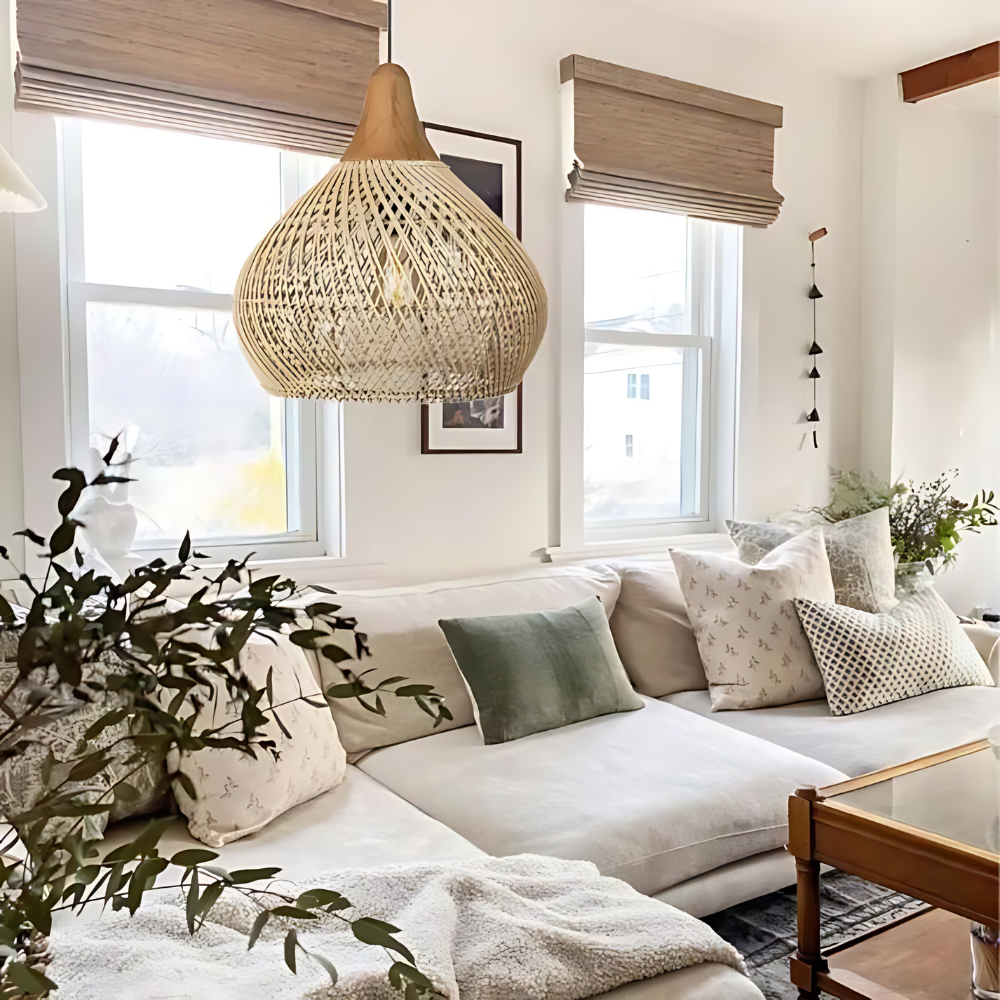 Kevara Rattan Deckenlampe Handgewebte Boho Pendelleuchte mit natürlichem Schirm | Lersk