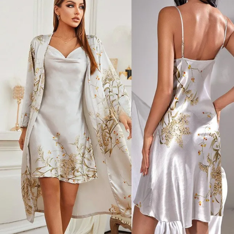 LunaSilk Floral Kimono and Spaghetti-Strap Nightgown Set | Lersk