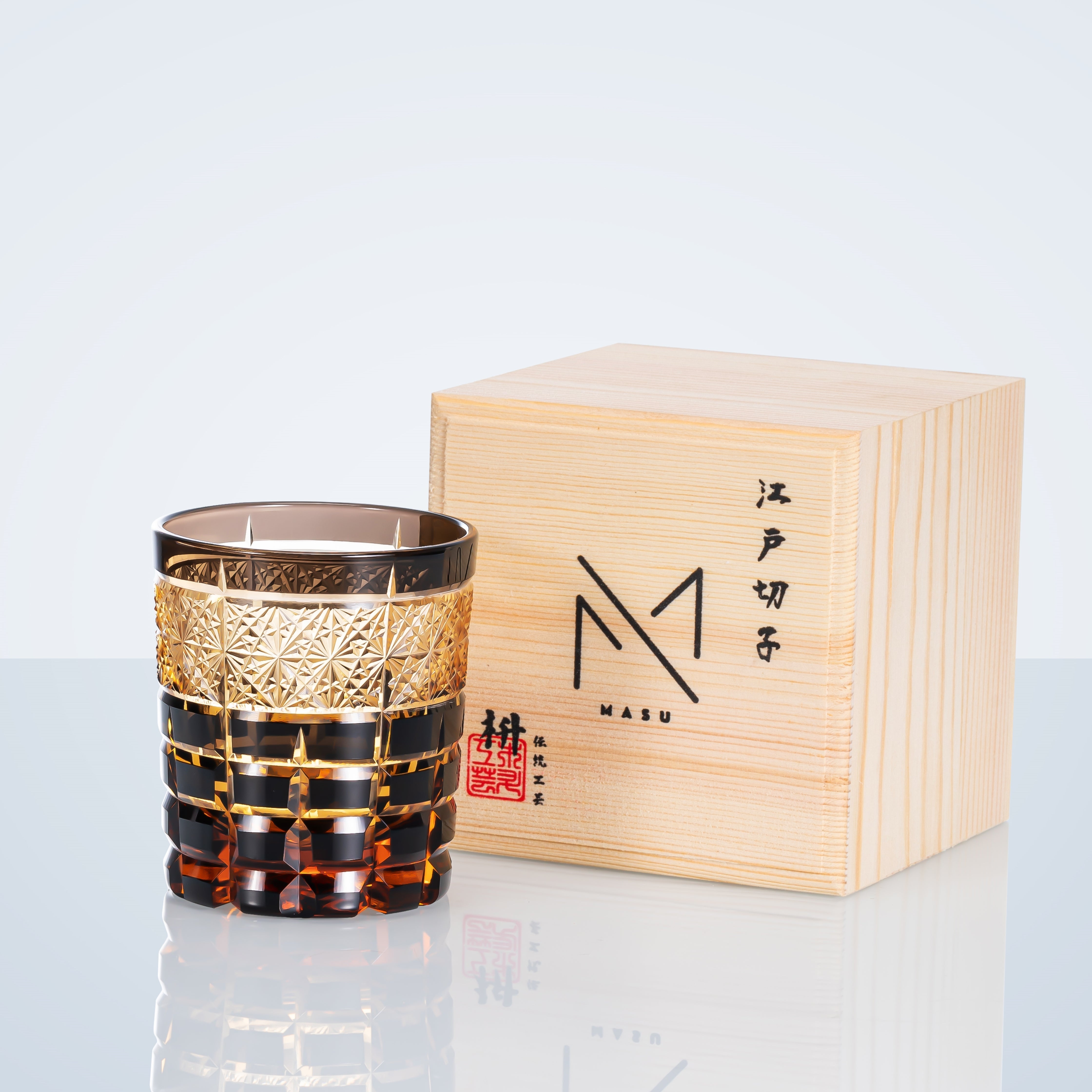 Kiyora Handcrafted Amber Whisky Glass With Diamond-Cut Design And Wooden Box | Lersk