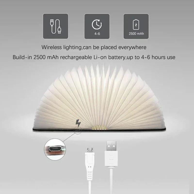 מנורת קריאה מתקפלת LumaLeaf לספר ליד המיטה, מנורת LED אלחוטית בגימור עץ | Lersk