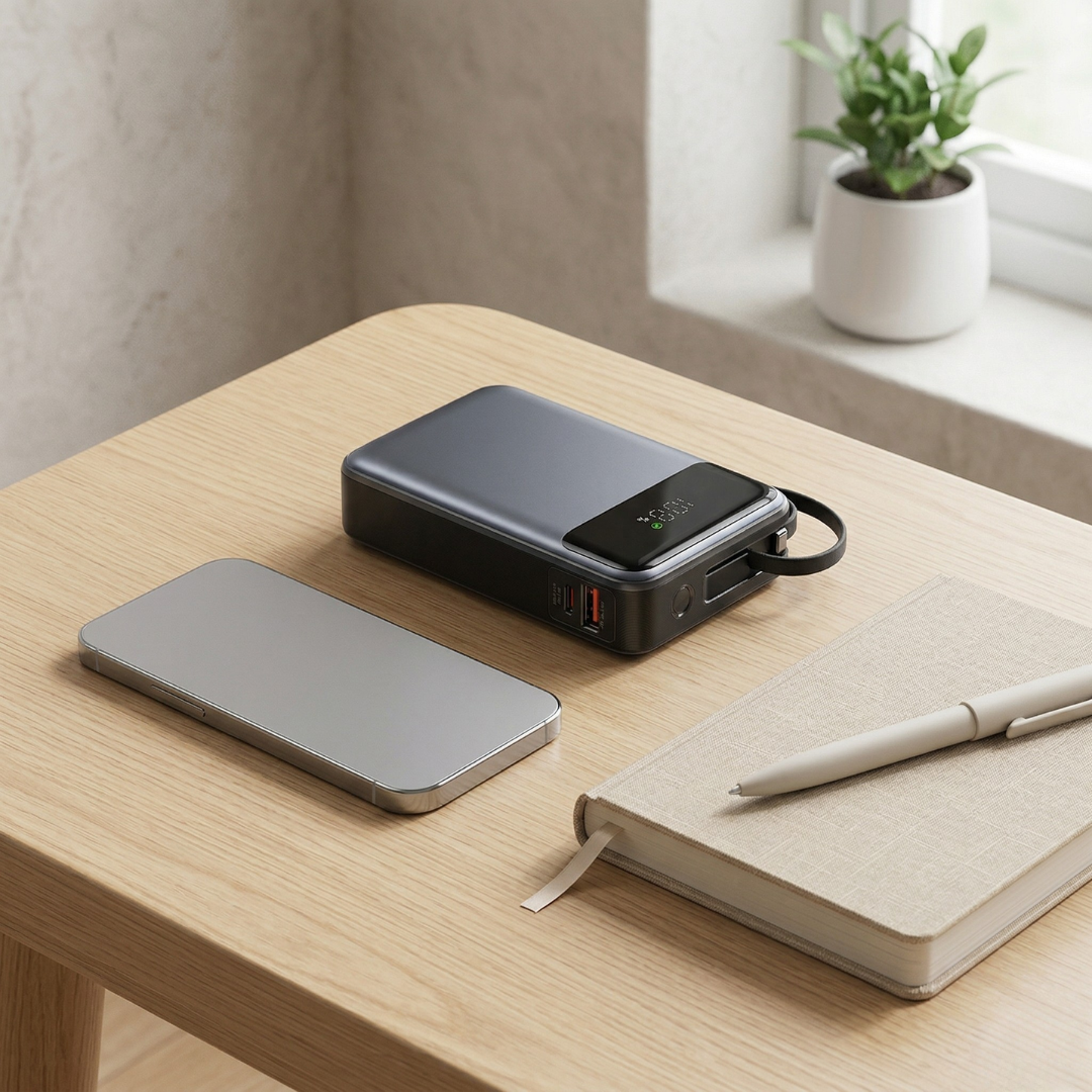 Tragbare Powerbank mit integriertem Kabel für einfaches Laden unterwegs | Lersk