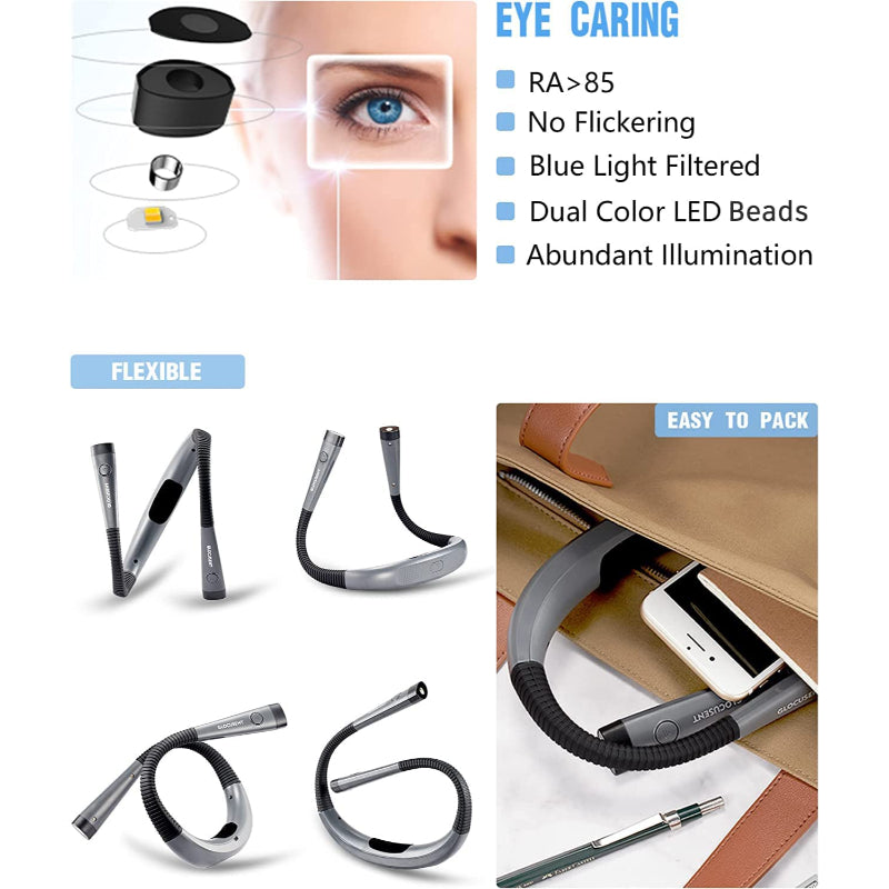 LED čtecí lampa na krk pro večerní čtení, 3 barvy, 6 úrovní jasu, ohebná ramena, dobíjecí, odolná | Lersk