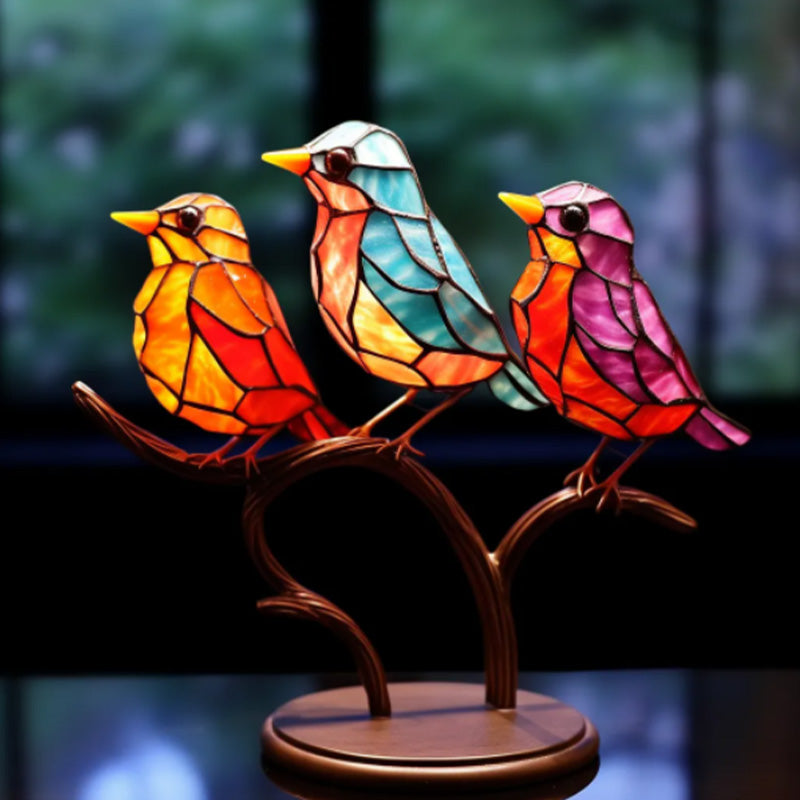 Stained Glass Birds On Branch Desktop Ornaments Set Of Tabletop Bird Decor Display | Lersk