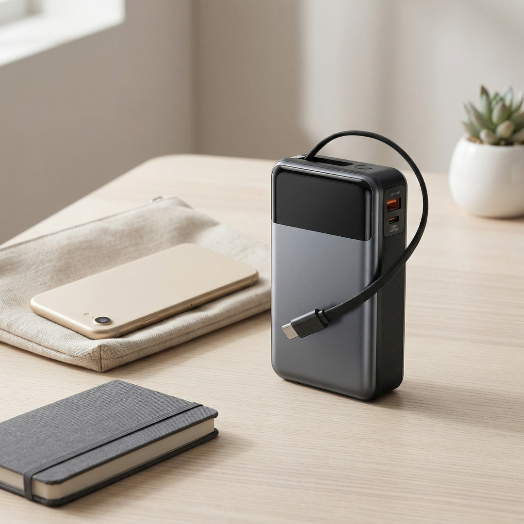 Tragbare Powerbank mit integriertem Kabel für einfaches Laden unterwegs | Lersk