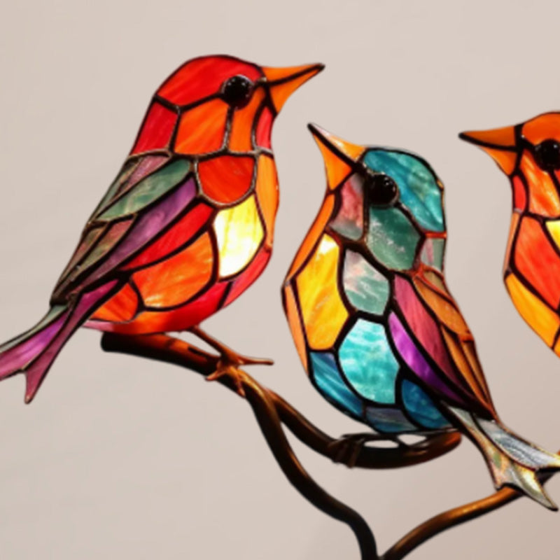 Stained Glass Birds On Branch Desktop Ornaments Set Of Tabletop Bird Decor Display | Lersk