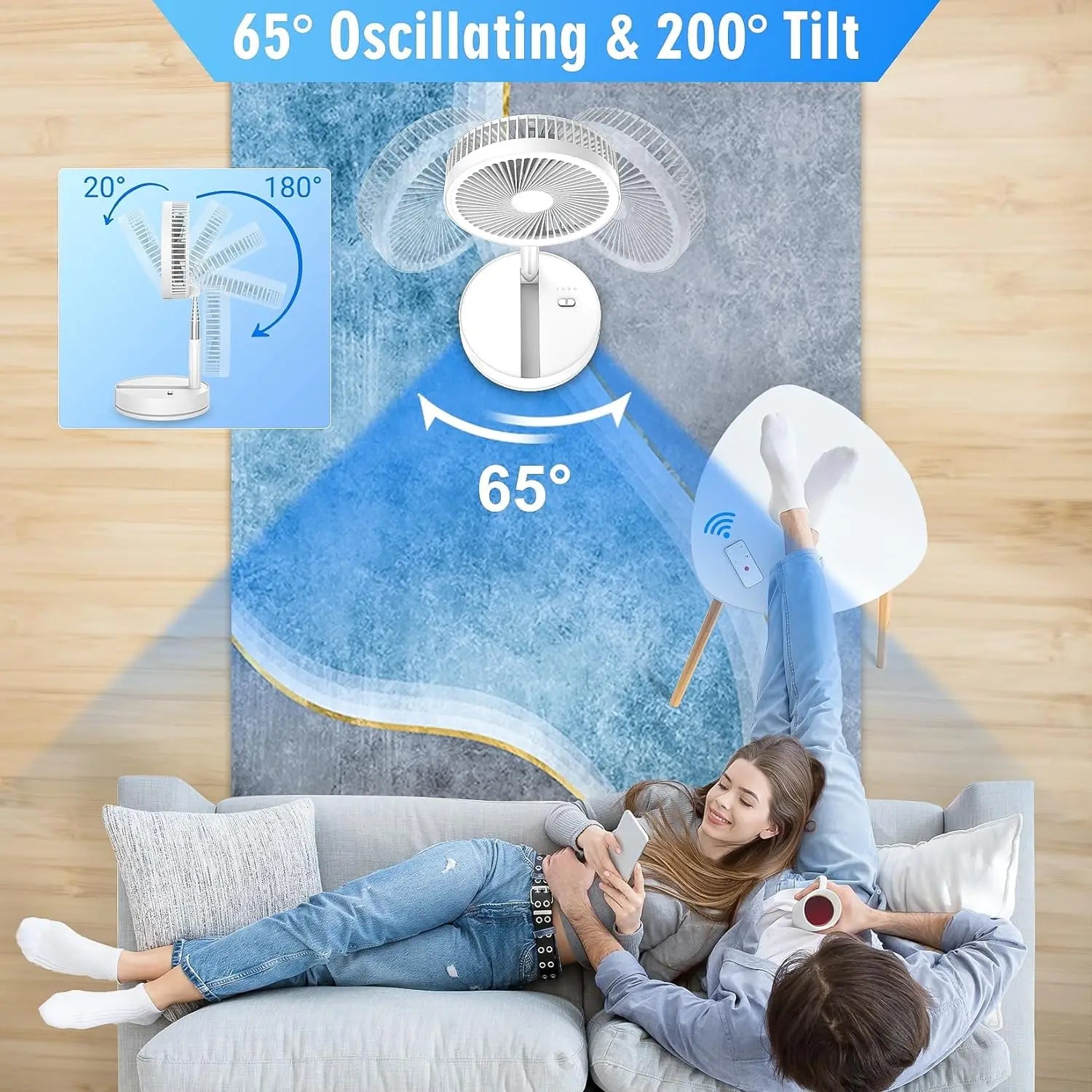 Ventilateur sur pied pliable rechargeable avec télécommande, 4 vitesses, ultra silencieux, 9 pouces, pour maison et bureau | Lersk