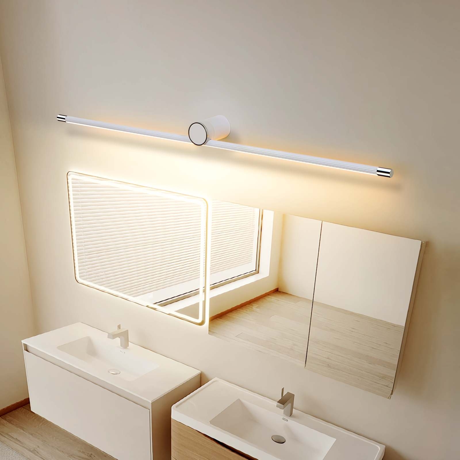 Espejo de baño con lámpara de pared y cómoda con columna romana | Lersk