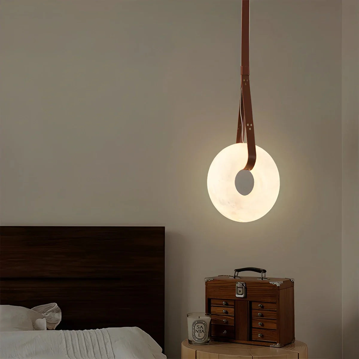 Round Spanish Alabaster Pendant Light Leather Hanging Wire | Lersk