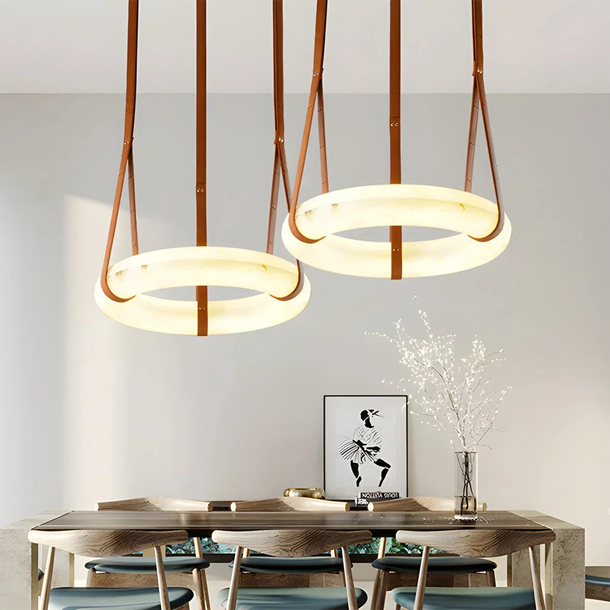 Round Spanish Alabaster Pendant Light Leather Hanging Wire | Lersk