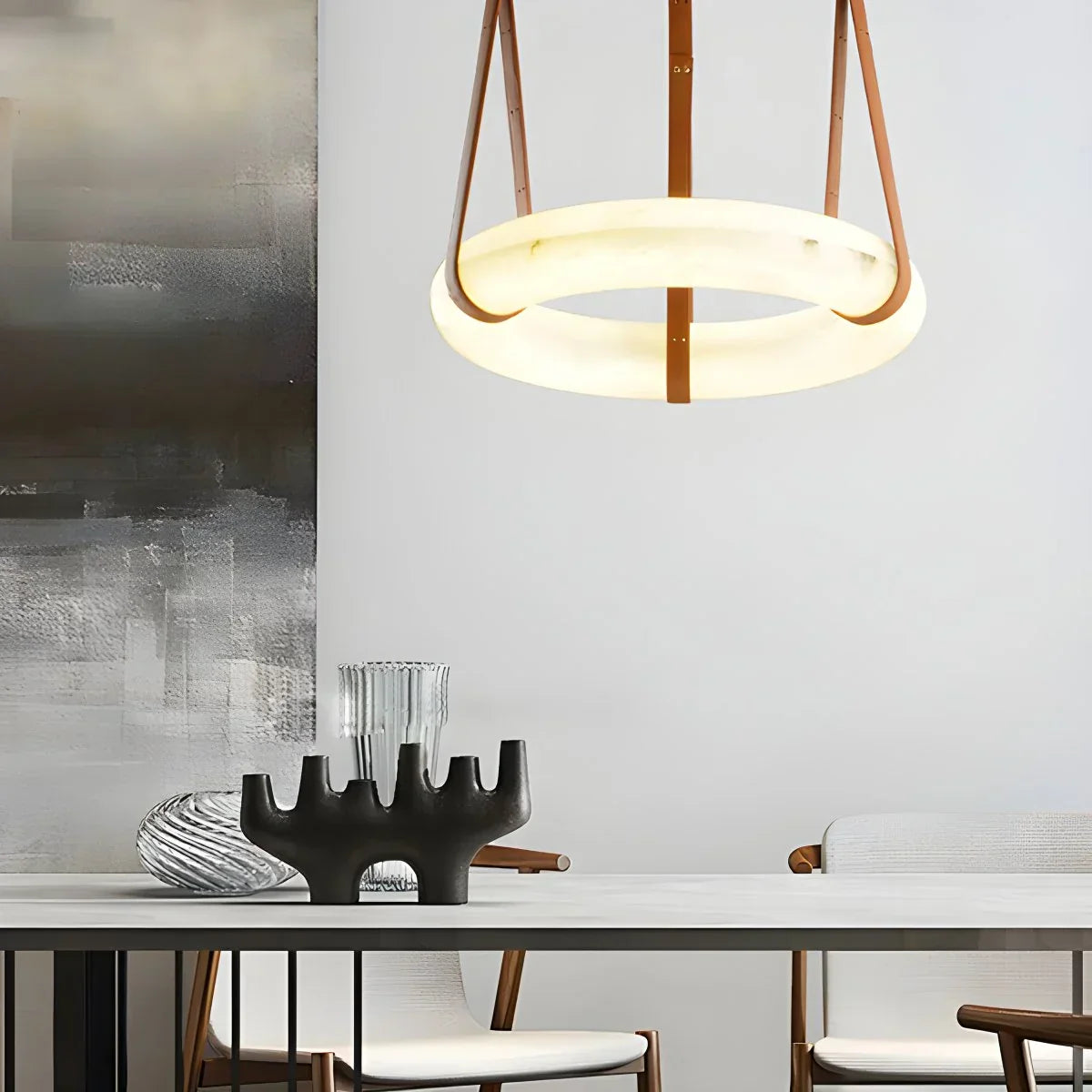 Round Spanish Alabaster Pendant Light Leather Hanging Wire | Lersk