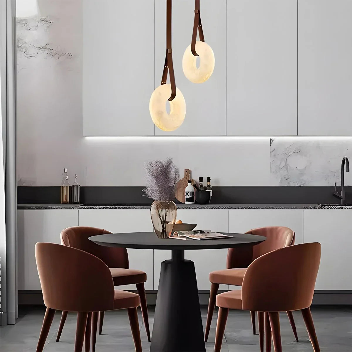 Round Spanish Alabaster Pendant Light Leather Hanging Wire | Lersk
