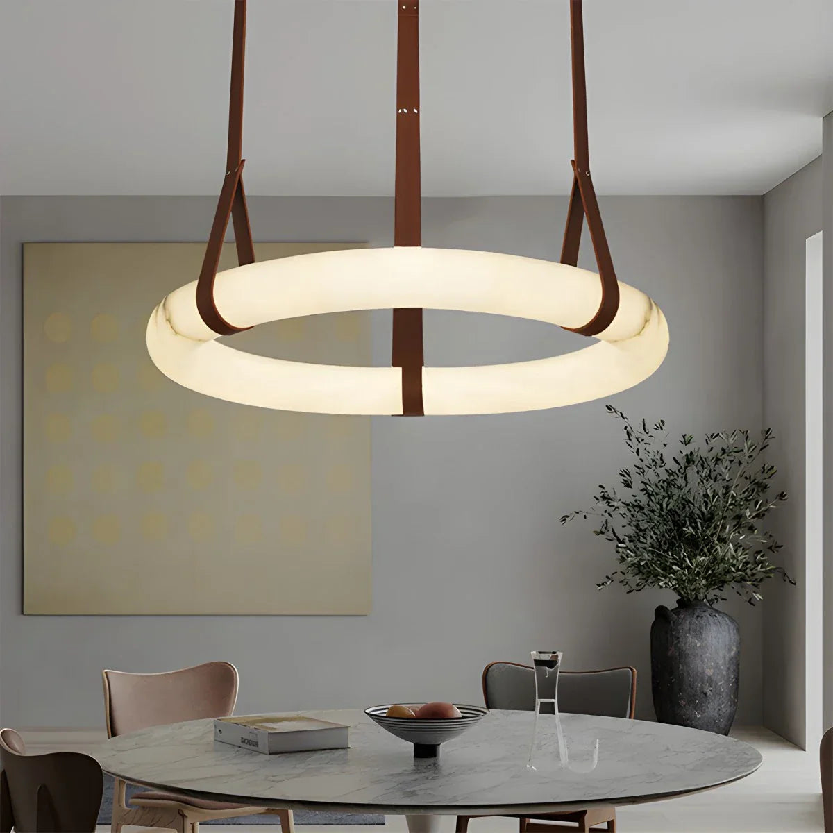 Round Spanish Alabaster Pendant Light Leather Hanging Wire | Lersk