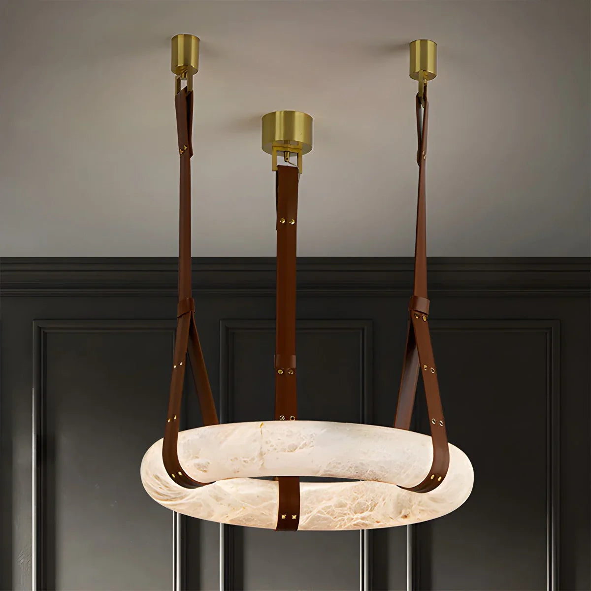 Round Spanish Alabaster Pendant Light Leather Hanging Wire | Lersk