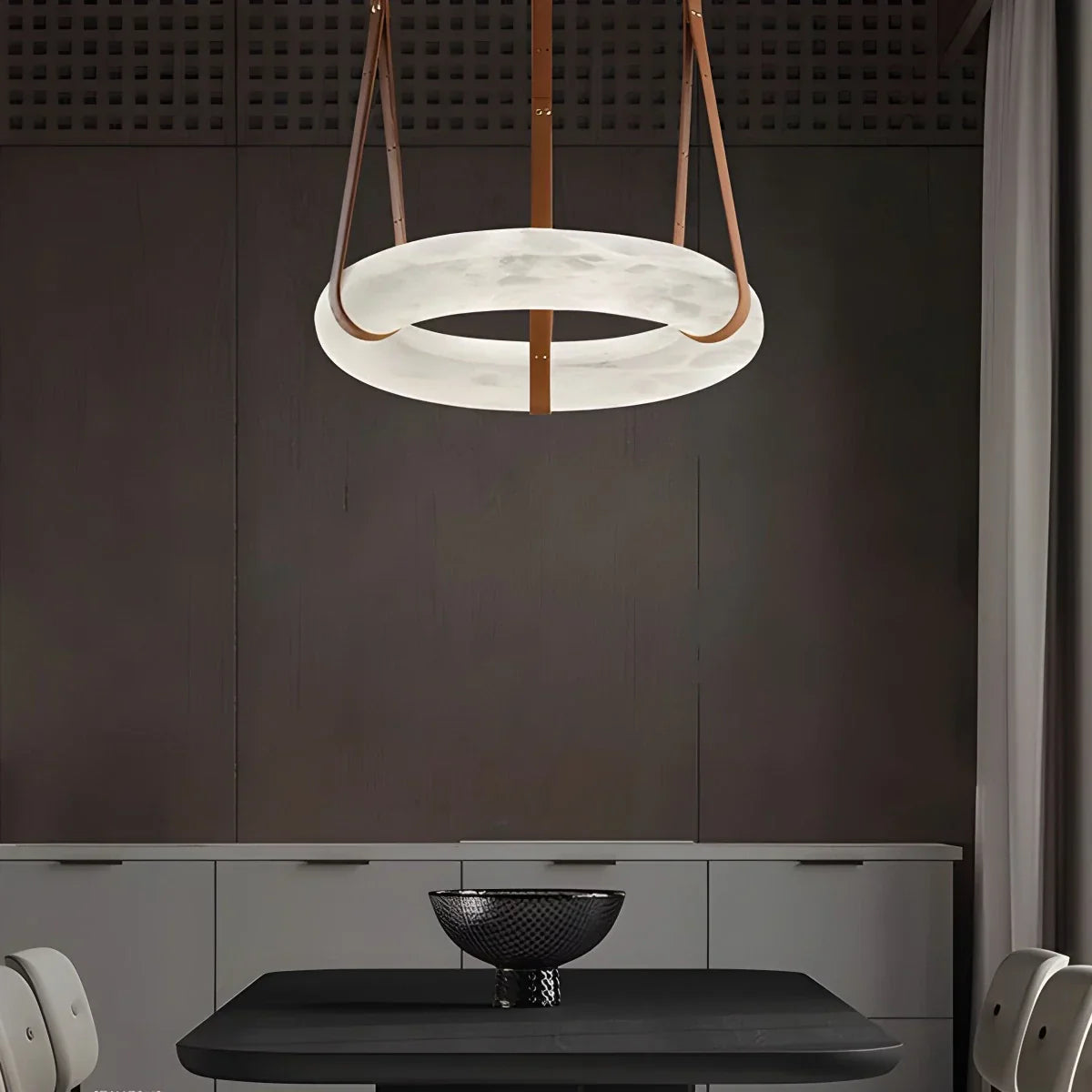 Round Spanish Alabaster Pendant Light Leather Hanging Wire | Lersk