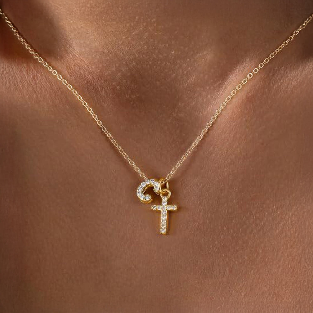Zierliche Diamant-Anfangsbuchstaben- und Kreuz-Halskette mit filigranen Anhängern für den täglichen Gebrauch | Lersk