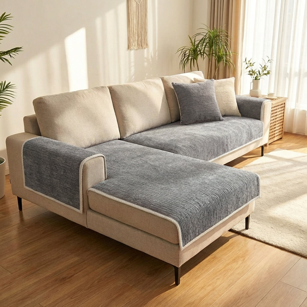 Chenille Sofa Cover With Striped Anti Scratch In Grey, Blue, And Beige | Lersk