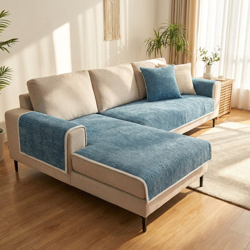 Chenille Sofa Cover With Striped Anti Scratch In Grey, Blue, And Beige | Lersk