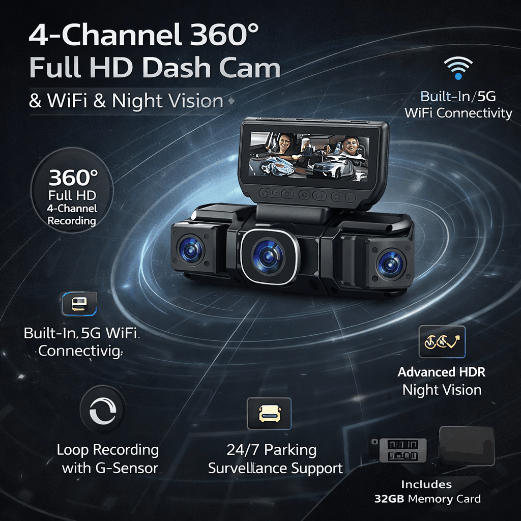 Dash Cam 360 Full HD 4-kanals bilkamera med WiFi og natvision | Lersk
