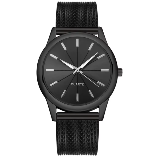 Celý černý minimalistický unisex hodinky s černým pouzdrem a nerezovým ocelovým síťovaným páskem | Lersk