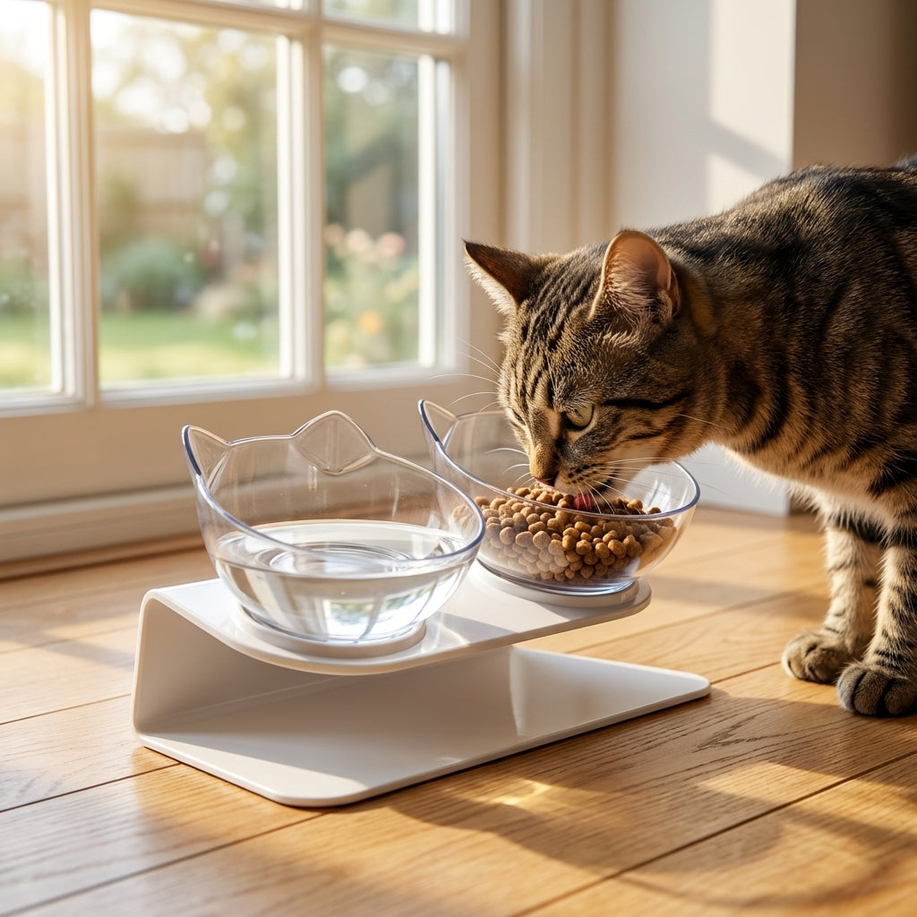 Raised Double Cat Feeding Station With 15 Degree Tilted Bowls BPA Free | Lersk
