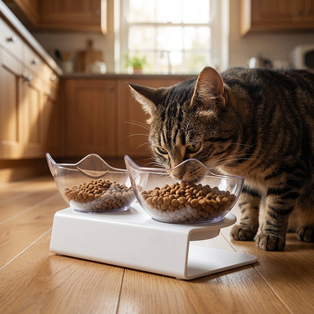 Raised Double Cat Feeding Station With 15 Degree Tilted Bowls BPA Free | Lersk