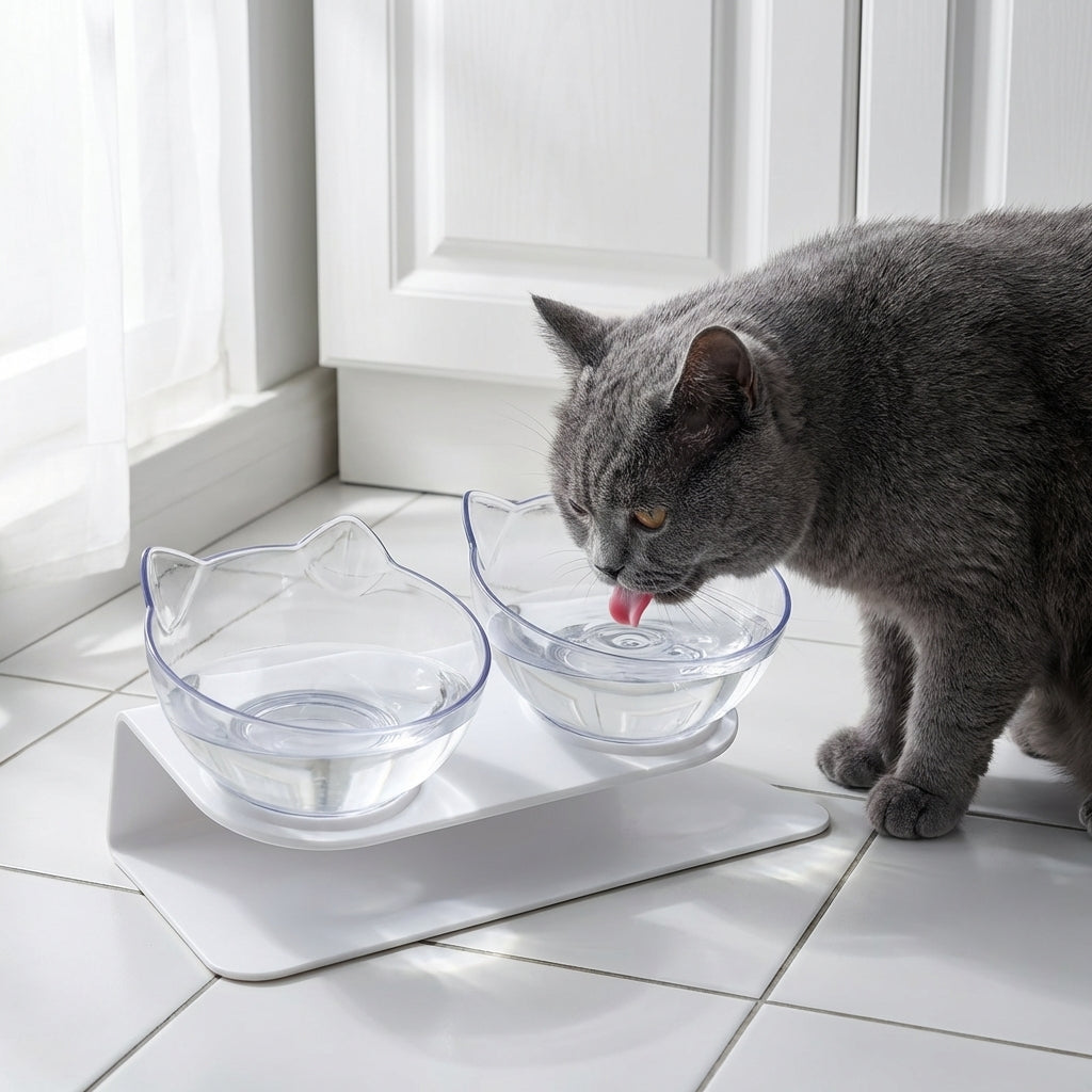 Raised Double Cat Feeding Station With 15 Degree Tilted Bowls BPA Free | Lersk