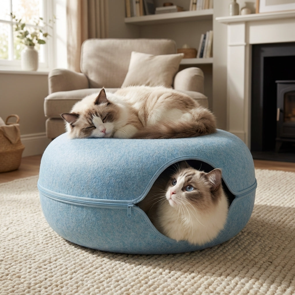 Cuccia e Tunnel per Gatti a Ciambella in Feltro 2-in-1 Pieghevole con Cerniera | Lersk
