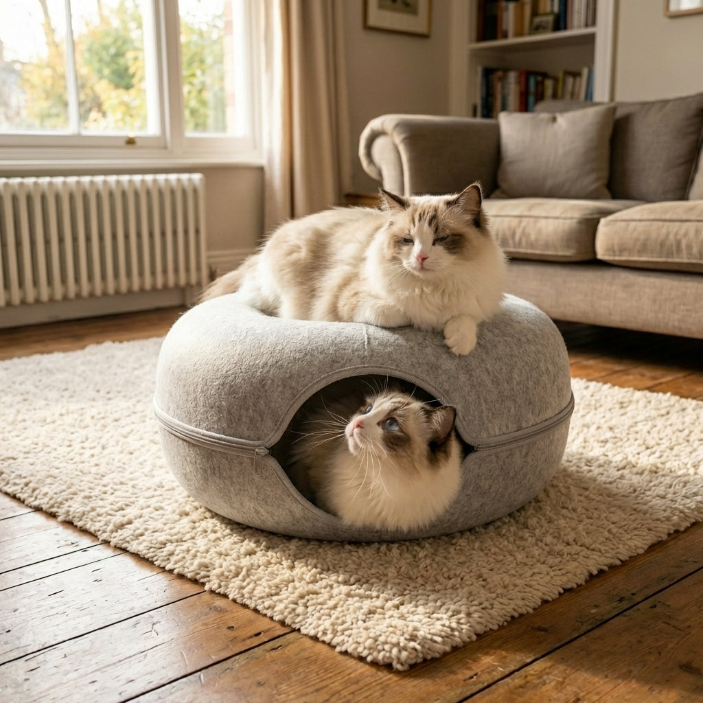 Cuccia e Tunnel per Gatti a Ciambella in Feltro 2-in-1 Pieghevole con Cerniera | Lersk