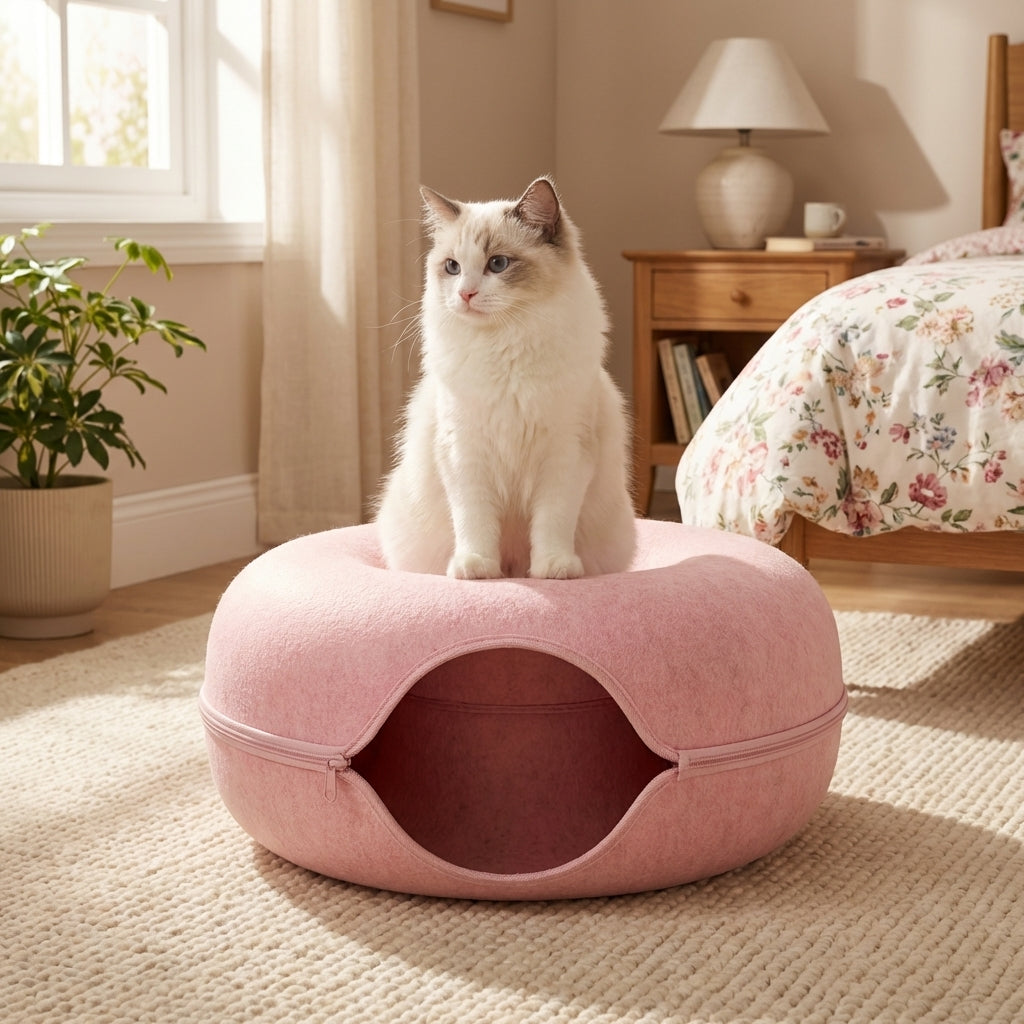 Cuccia e Tunnel per Gatti a Ciambella in Feltro 2-in-1 Pieghevole con Cerniera | Lersk