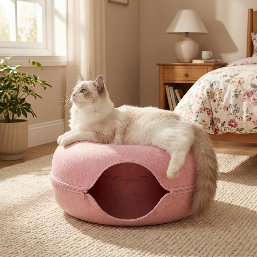 Cuccia e Tunnel per Gatti a Ciambella in Feltro 2-in-1 Pieghevole con Cerniera | Lersk