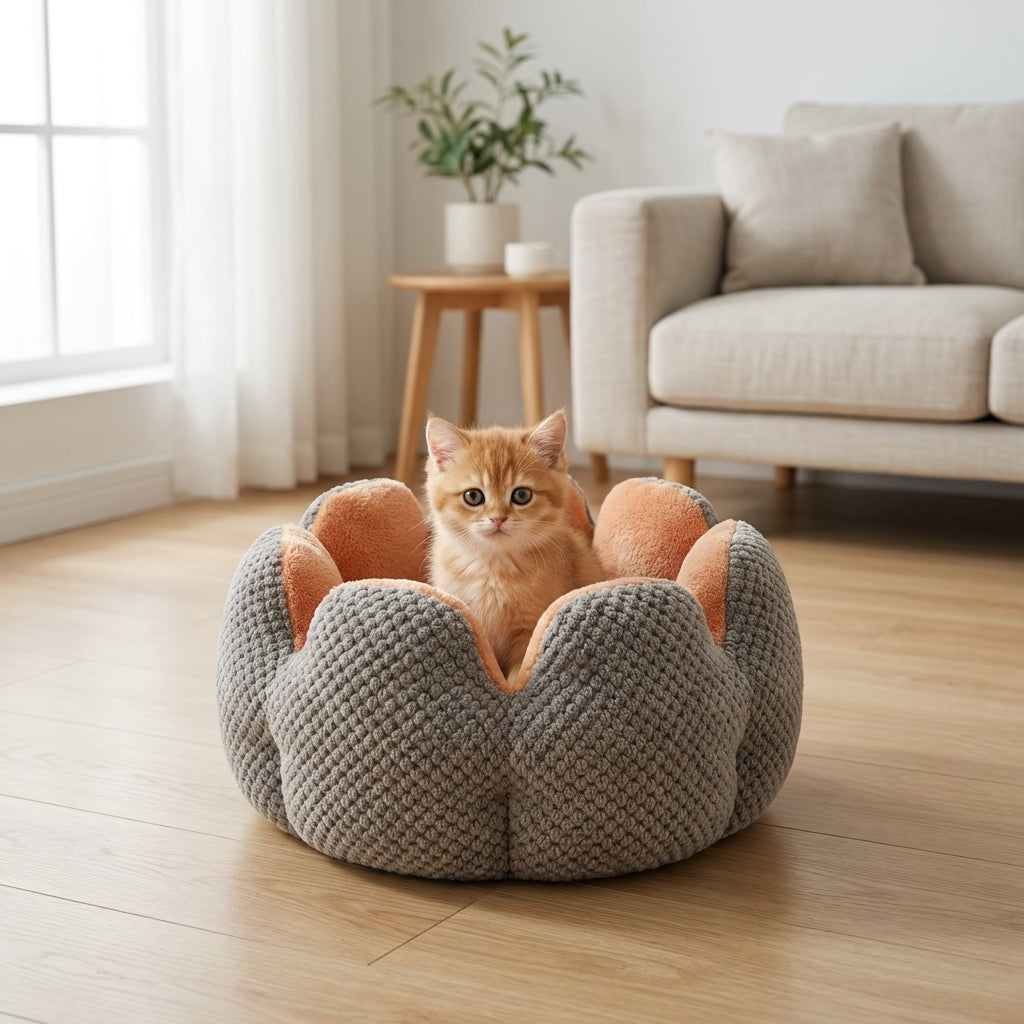 Flower-Shaped Cat Bed With Coral Fleece And Polyester, Washable | Lersk