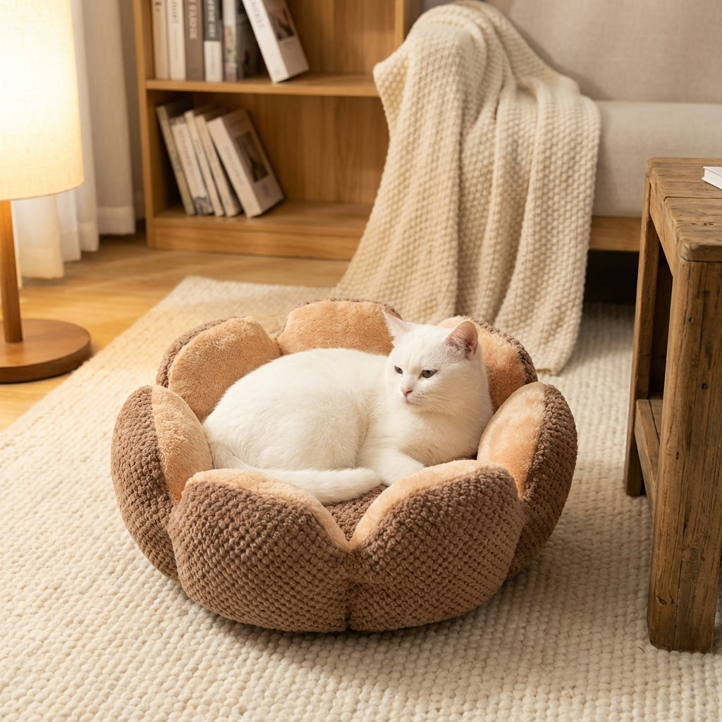 Flower-Shaped Cat Bed With Coral Fleece And Polyester, Washable | Lersk