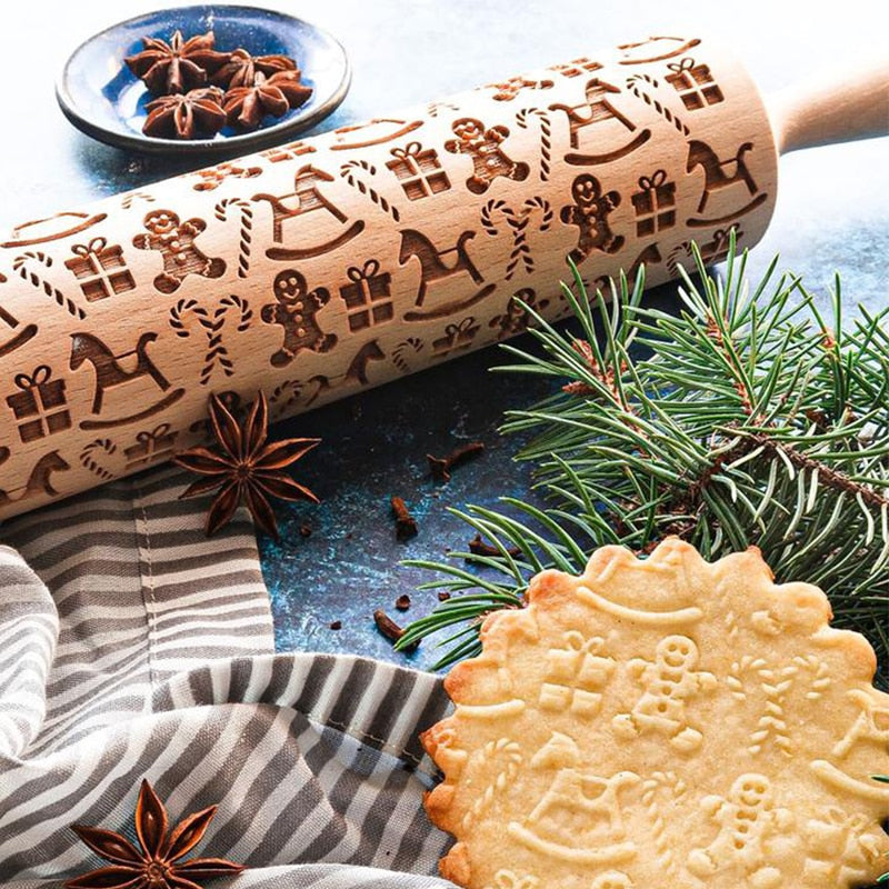 JollyRoller geprägtes Nudelholz aus Holz, handgefertigt aus Buchenholz, Gravurwerkzeug für Weihnachtsplätzchen | Lersk