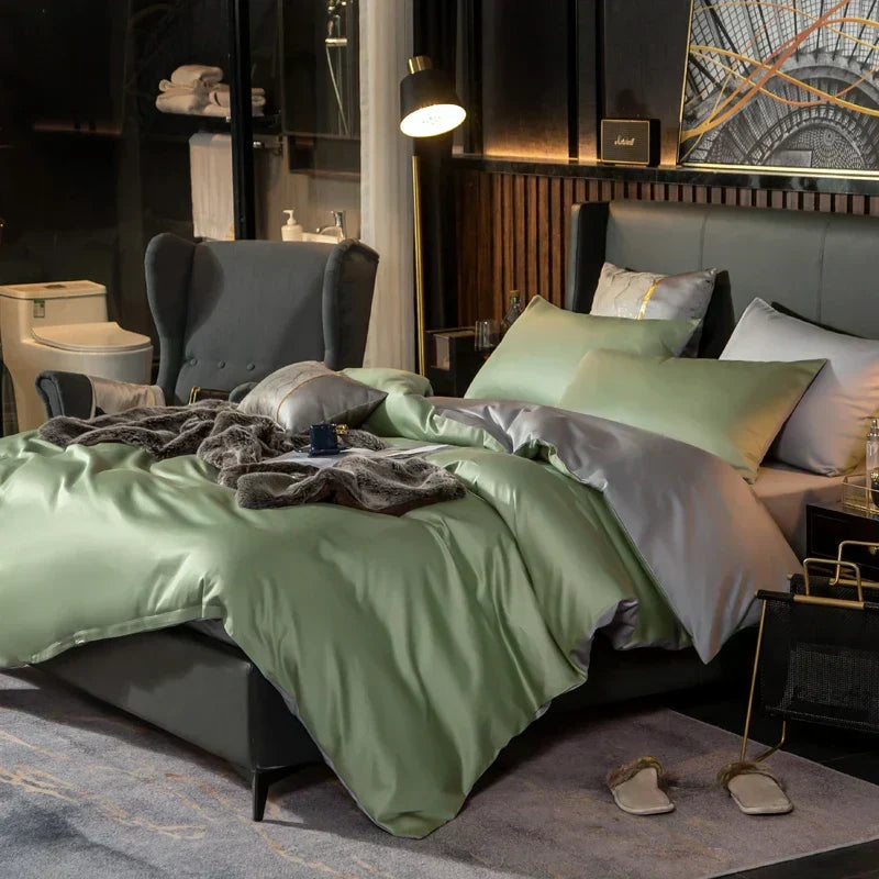 LunaVale Egyptian Cotton Bedding In Light Green And Silver | Lersk