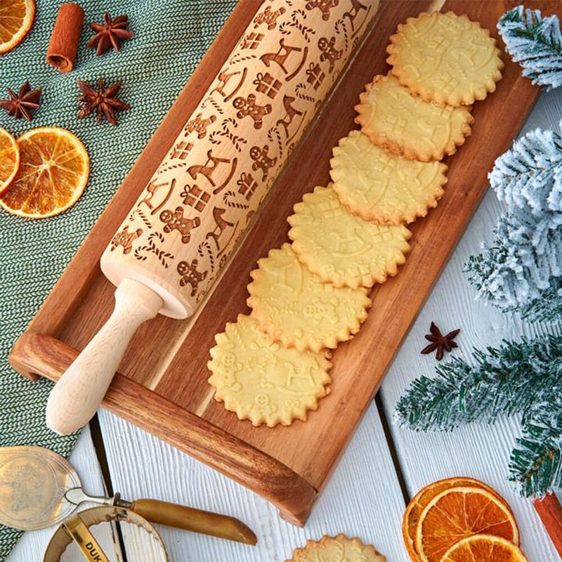 JollyRoller geprägtes Nudelholz aus Holz, handgefertigt aus Buchenholz, Gravurwerkzeug für Weihnachtsplätzchen | Lersk