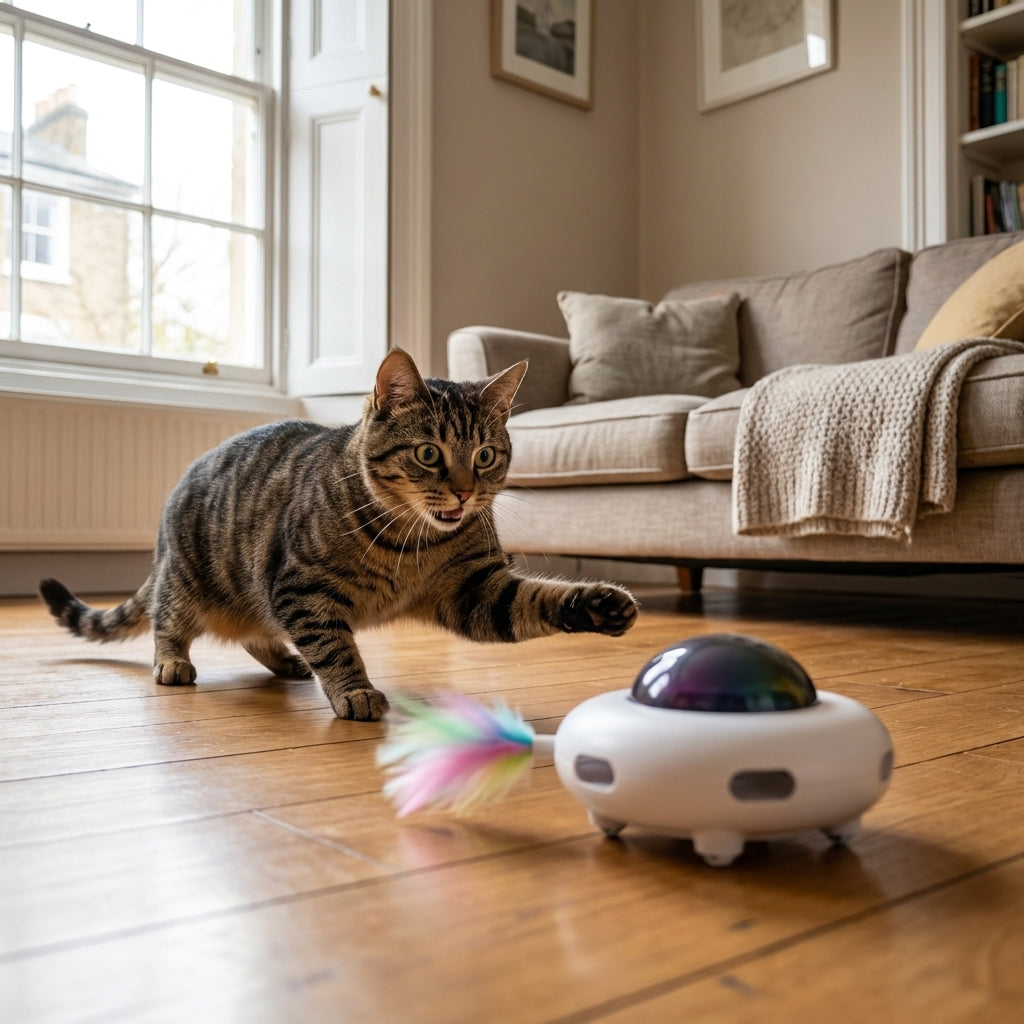Interaktiv robotkattelegetøj med fjer-tilbehør og LED-lys, poteaktiveret | Lersk