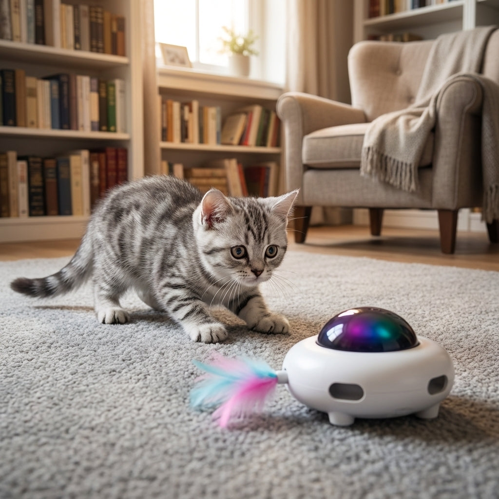 Interaktiv robotkattelegetøj med fjer-tilbehør og LED-lys, poteaktiveret | Lersk