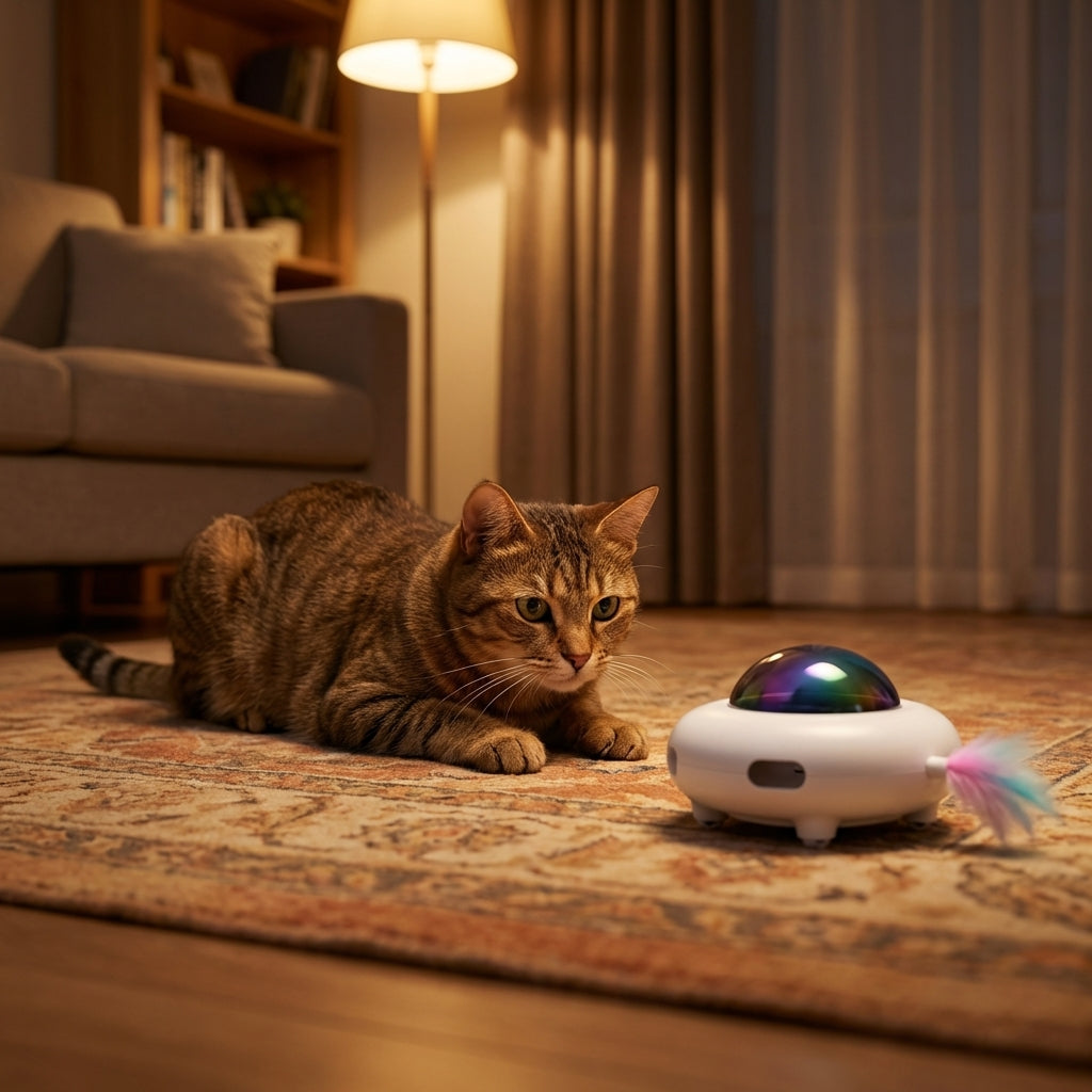 Interaktiv robotkattelegetøj med fjer-tilbehør og LED-lys, poteaktiveret | Lersk
