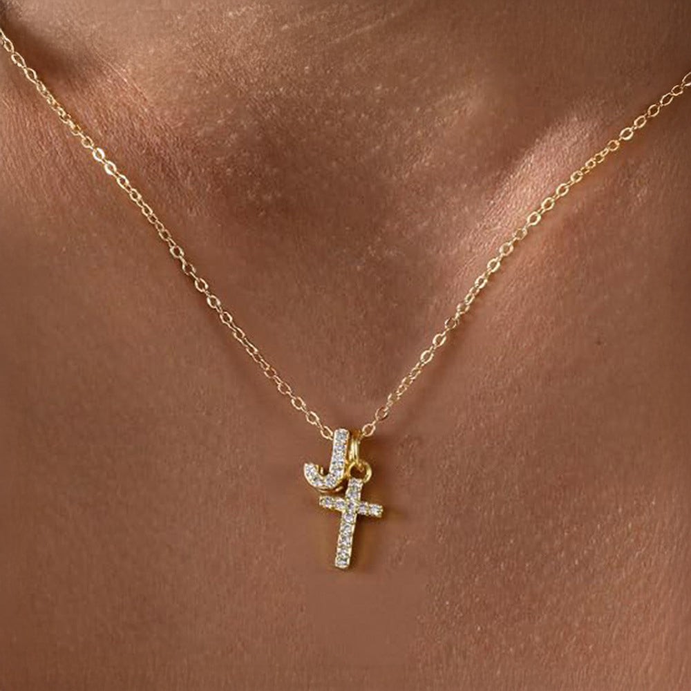 Zierliche Diamant-Anfangsbuchstaben- und Kreuz-Halskette mit filigranen Anhängern für den täglichen Gebrauch | Lersk