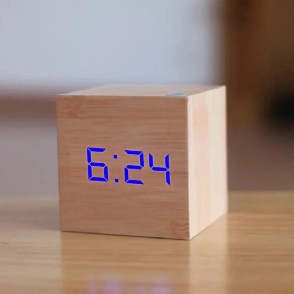 VerdiaCube Wooden LED Alarm Clock With Time Date And Temperature | Lersk