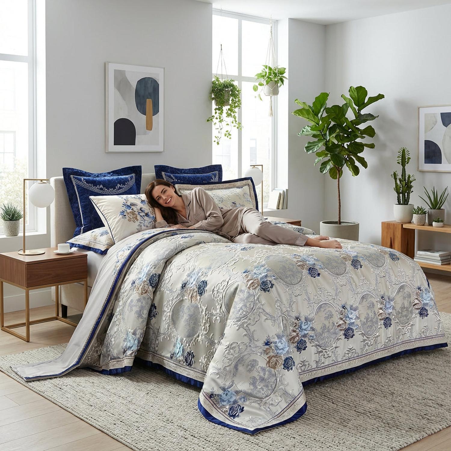 Aurora Luxurious Jacquard Bedding Set In Blue Sapphire | Lersk