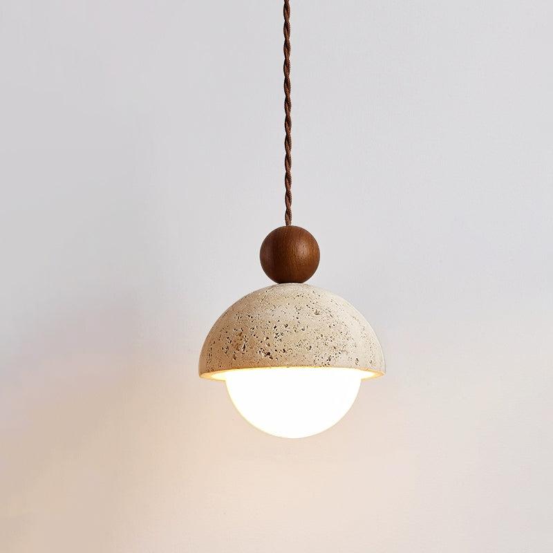 Lyra Travertine Dome Glass Pendant Light With Warm Wood | Lersk